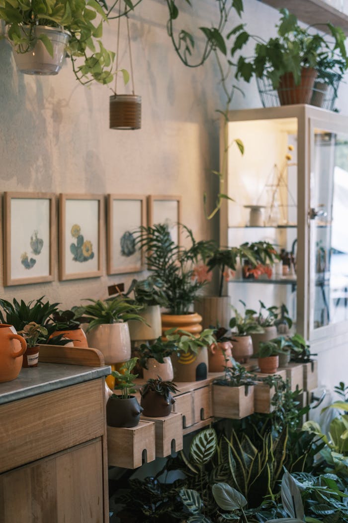 A quaint indoor plant shop showcasing diverse potted plants with soft natural lighting.